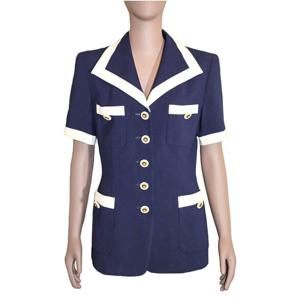 Vintage 80s Sailor Collared Button Down Short Sleeve Blouse Preppy Blazer Office - Picture 1 of 4